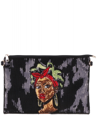 African-American Women Design Reversible Sequin Clutch Bag B029 BLACK